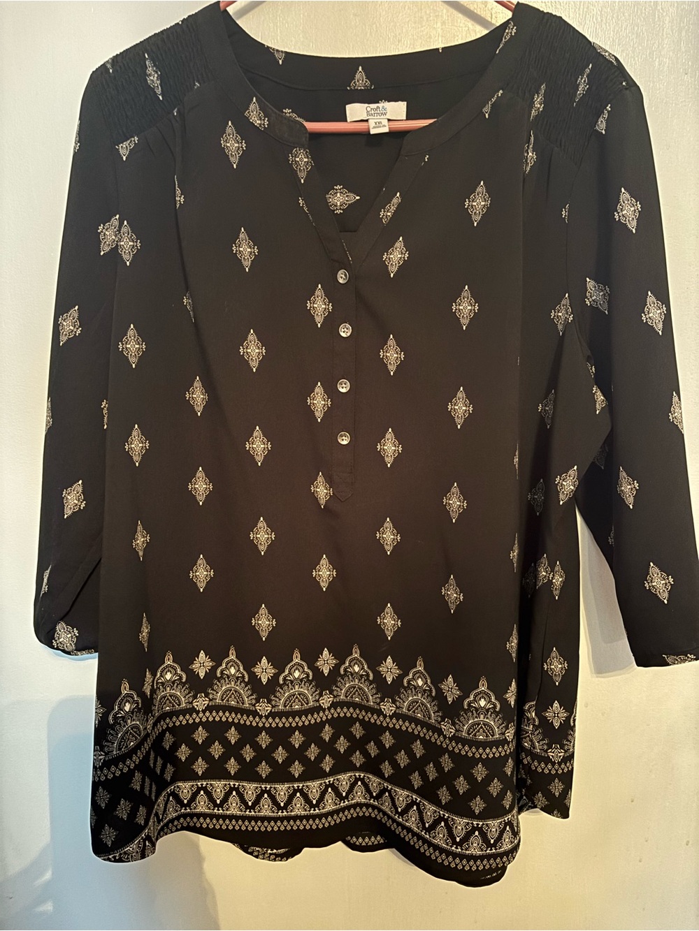 Croft & Barrow Black Boho Medallion Print Henley Tunic Blouse - XXL